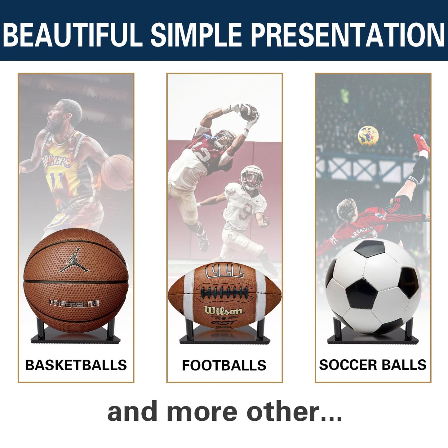 Frtrche Ball Display Stand with Anti-slip Mat, 1.3inch Pegs Acrylic Sleek Holder for Different Size Basketball, Soccer Ball, Football, Sturdy Memorabilia Display Case-Black