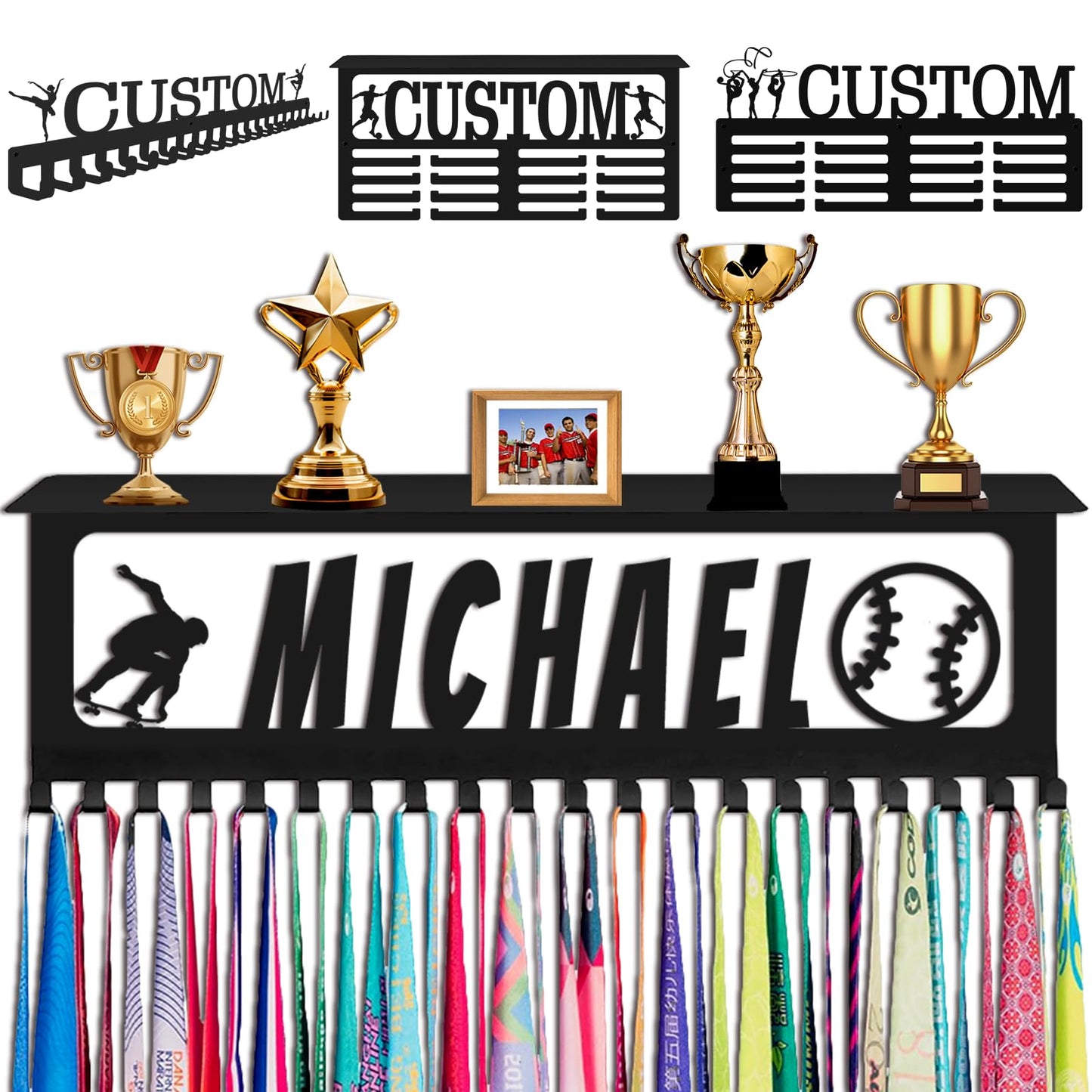 Xiuyours Personalized Medal Holder with Name Hooks Custom Hanger Display for Awards Ribbons Wall Gymnastics Runners Boys Girls Kids Customized Gift Sports Display Metal Medal Rack