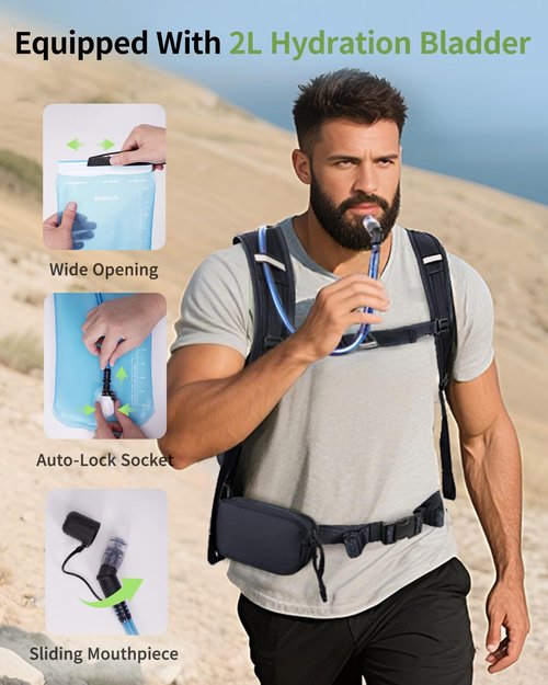 ECOHUB Hydration Backpack for Men Women, 20L Lightweight Hiking Daypack Cycling Backpack with 2L Water Bladder, Insulated Hydration Pack with Waist Pack