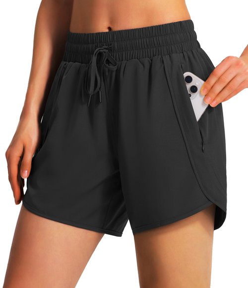 Ksmien Women's 5" Athletic Running Shorts Quick Dry Lightweight Workout Gym Shorts with Zipper Pockets UPF 50+ Black