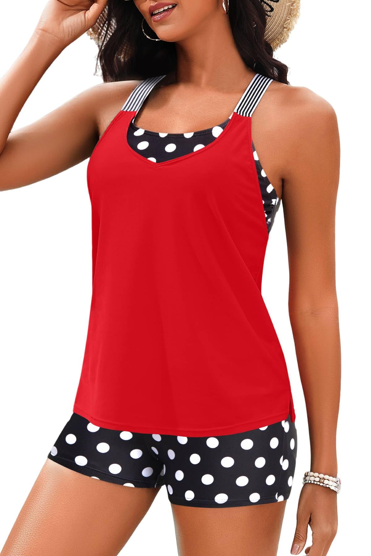 Daci Red and Dot Athletic Tankini Swimsuits for Women-2025 Bathing Suits 2 Piece Swimwear with Shorts for Tummy Control S