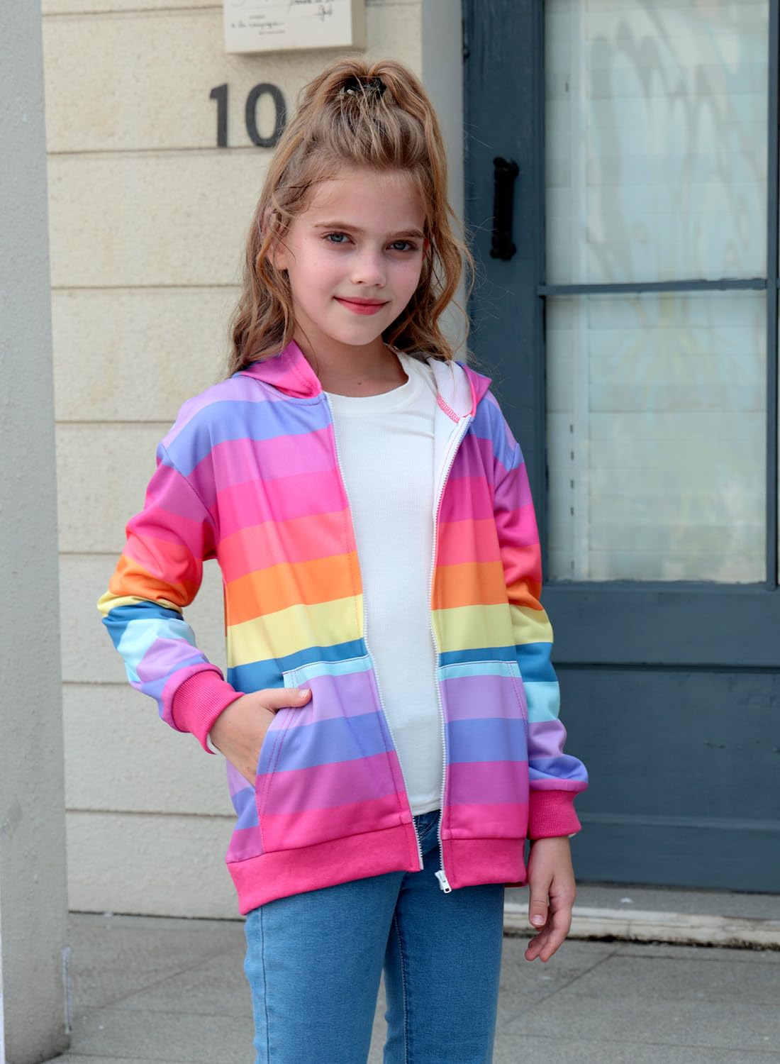 Belovance Girls Graphic Zip Up Hoodie Sweatshirt with Pockets Kids Tween Hooded Coat Casual Loose Outerwear Autumn Long Sleeves Oversized Novelty Lightweight Jacket Top Cute Rainbow Stripe 6 7 6-8