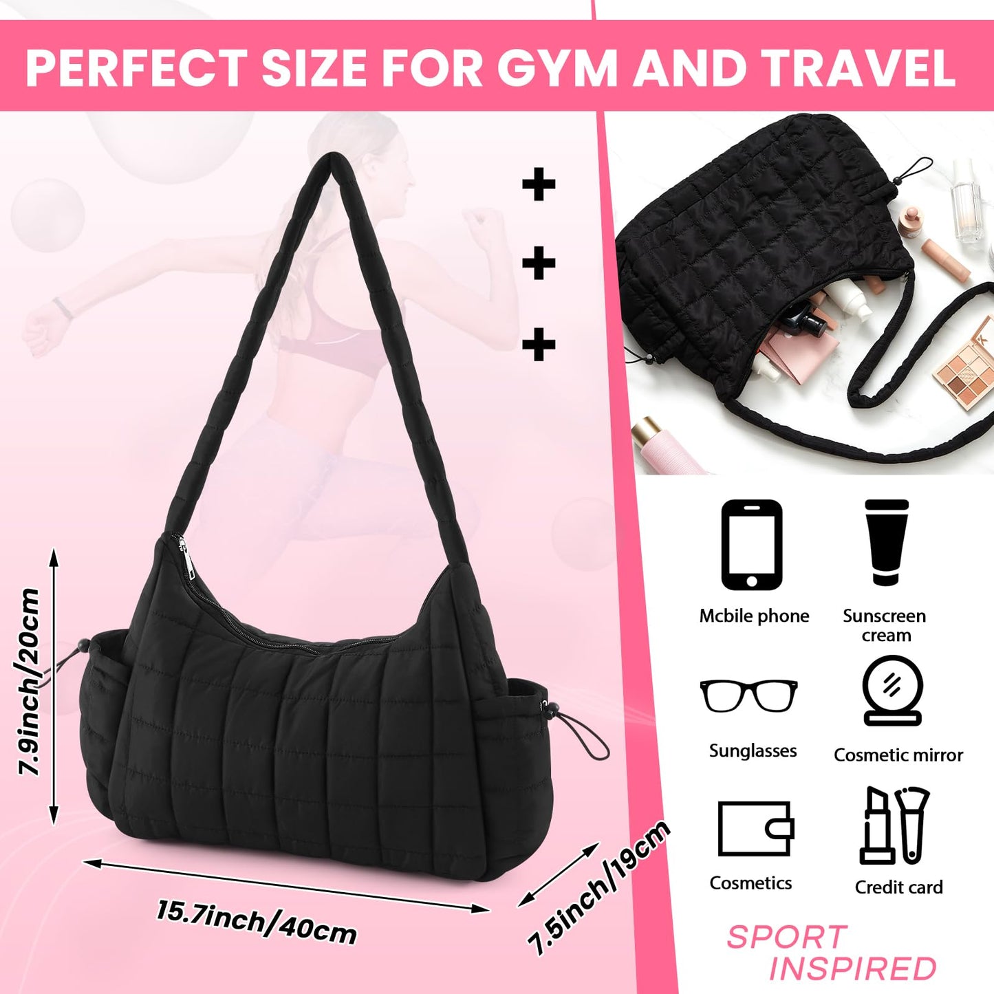 Locmeo Quilted Mini Gym Bag for Women Girls Small Gym Duffle Bag with Wet Compartment Quilted Quilted Carry on Weekender Bags with 2 Pocket for Women Sport Workout Travel, Black