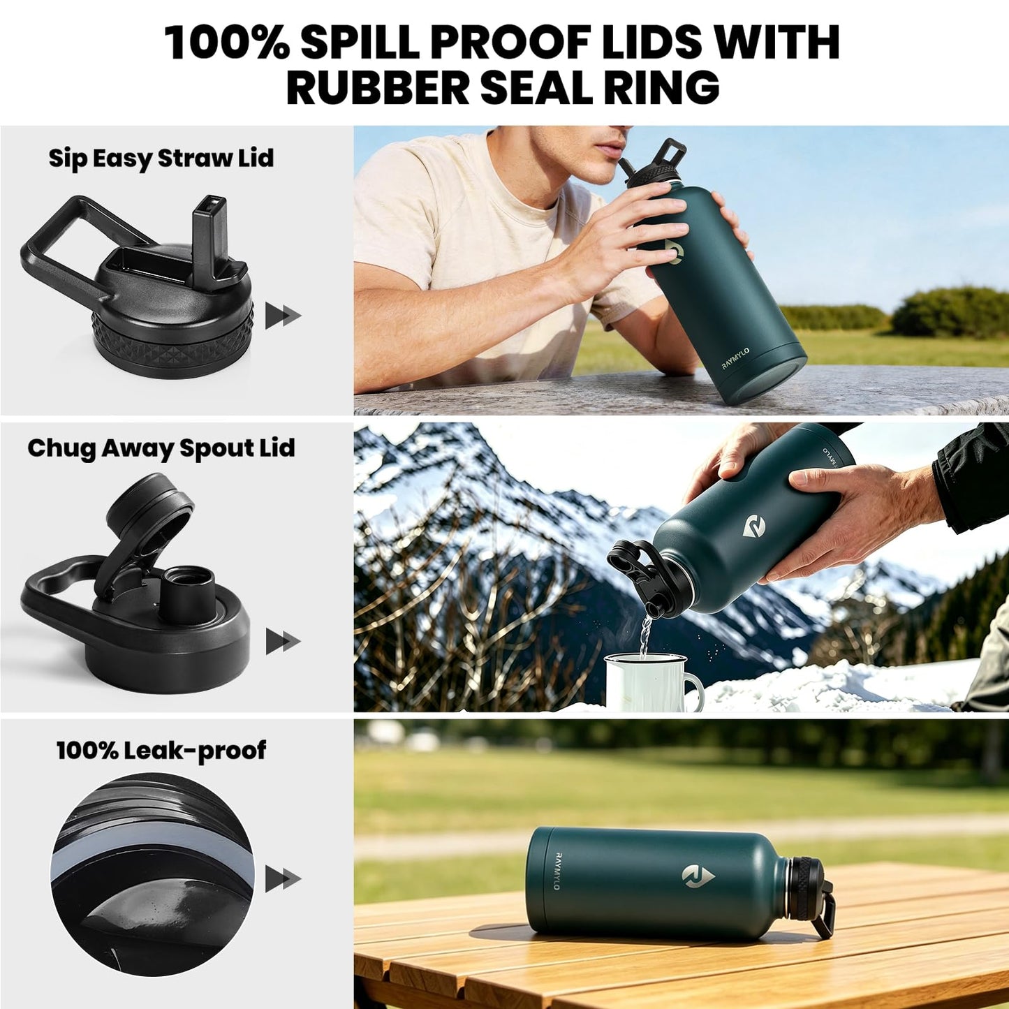 RAYMYLO Insulated Water Bottle 87 oz, Triple Wall Vacuum Stainless Steel (Cold for 48 Hrs), Leak Proof & Non-BPA, Modern Water Flask Jug with Paracord Handle & Straw Spout Lids, Dark Green