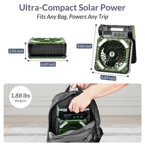 Indwell Portable Solar Camping Fan with LED Lantern - Rechargeable Battery Powered 5200mAh, Power Bank Function 4-Speed Cooling Dual Solar USB-C Charging Foldable for Outdoor Camping, Tent & Travel