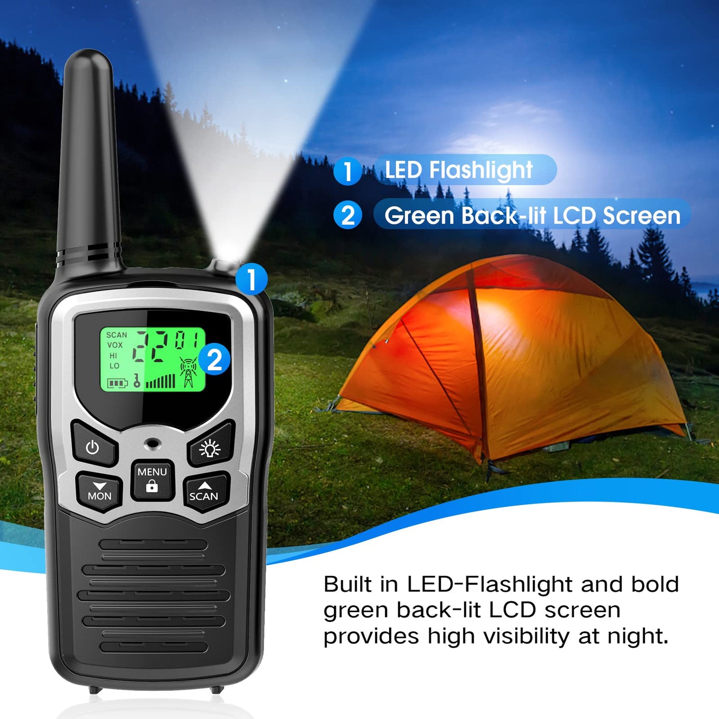 Walkie Talkies with 22 FRS Channels, MOICO Walkie Talkies for Adults with LED Flashlight VOX Scan LCD Display, Long Range Family, Radios for Hiking Camping Trip (Silver, 4 Pack)