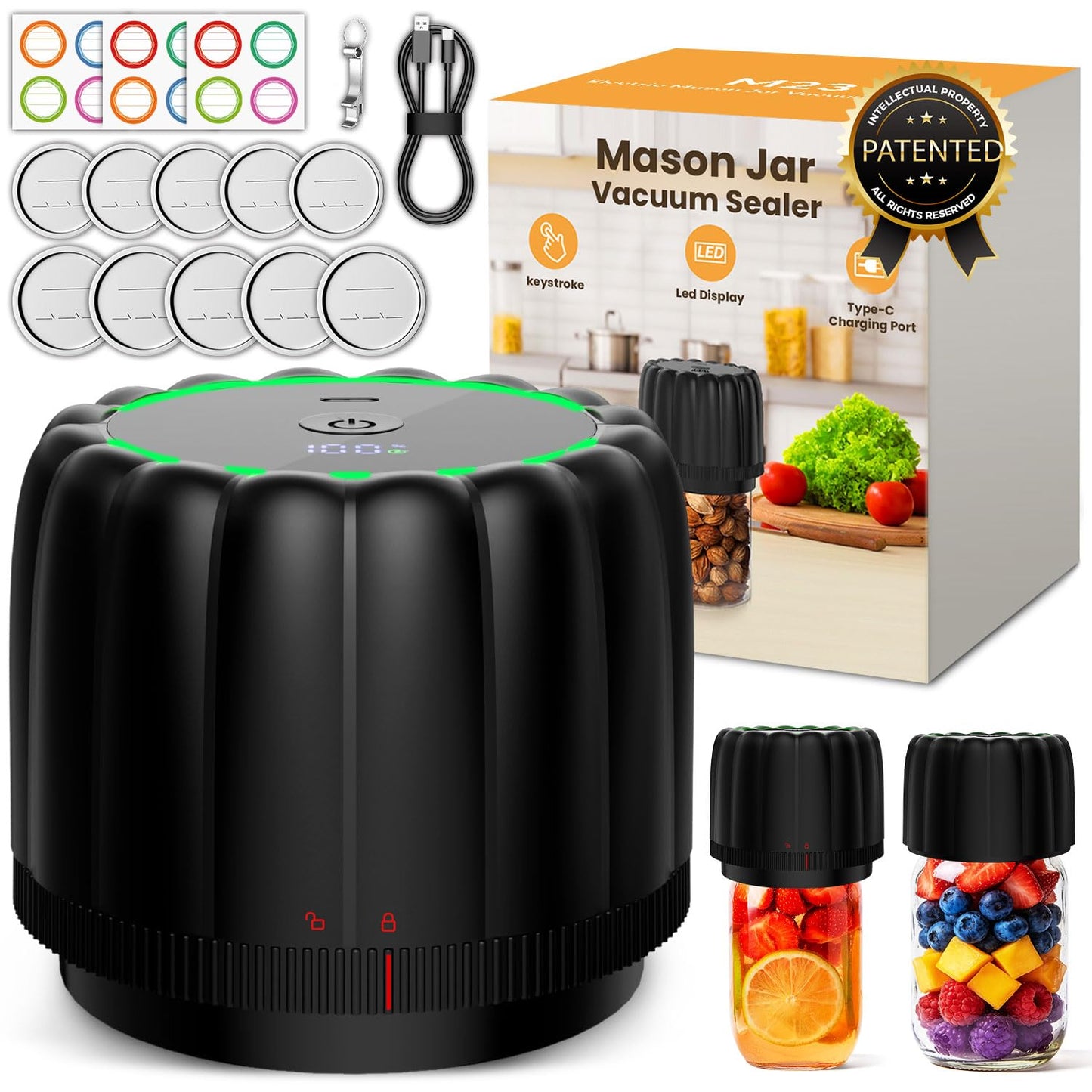 Snuuoby 2026 Upgraded Electric Mason Jar Vacuum Sealer Kit with Wide and Regular Mouth Mason Lids -80kpa Automatic Vacuum Pump 2500mAh Battery One Touch Canning Sealing Machine for Food Storage Black