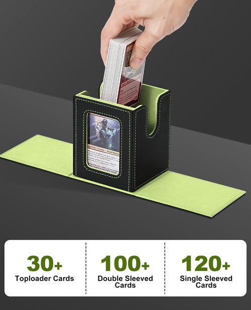 MTG Card Deck Box with Commander Window Display, Leather Magnetic Card Storage Box Holds 100 Double-Sleeved Cards Suitable for TCG/CCG/PTCG/EDH/Magic/Sport Cards(Black&Green)