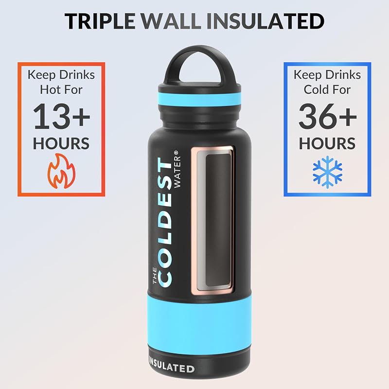 Coldest Insulated Water Bottle with Handle Lid 32oz Matte Black - Leak Proof Triple Wall Stainless