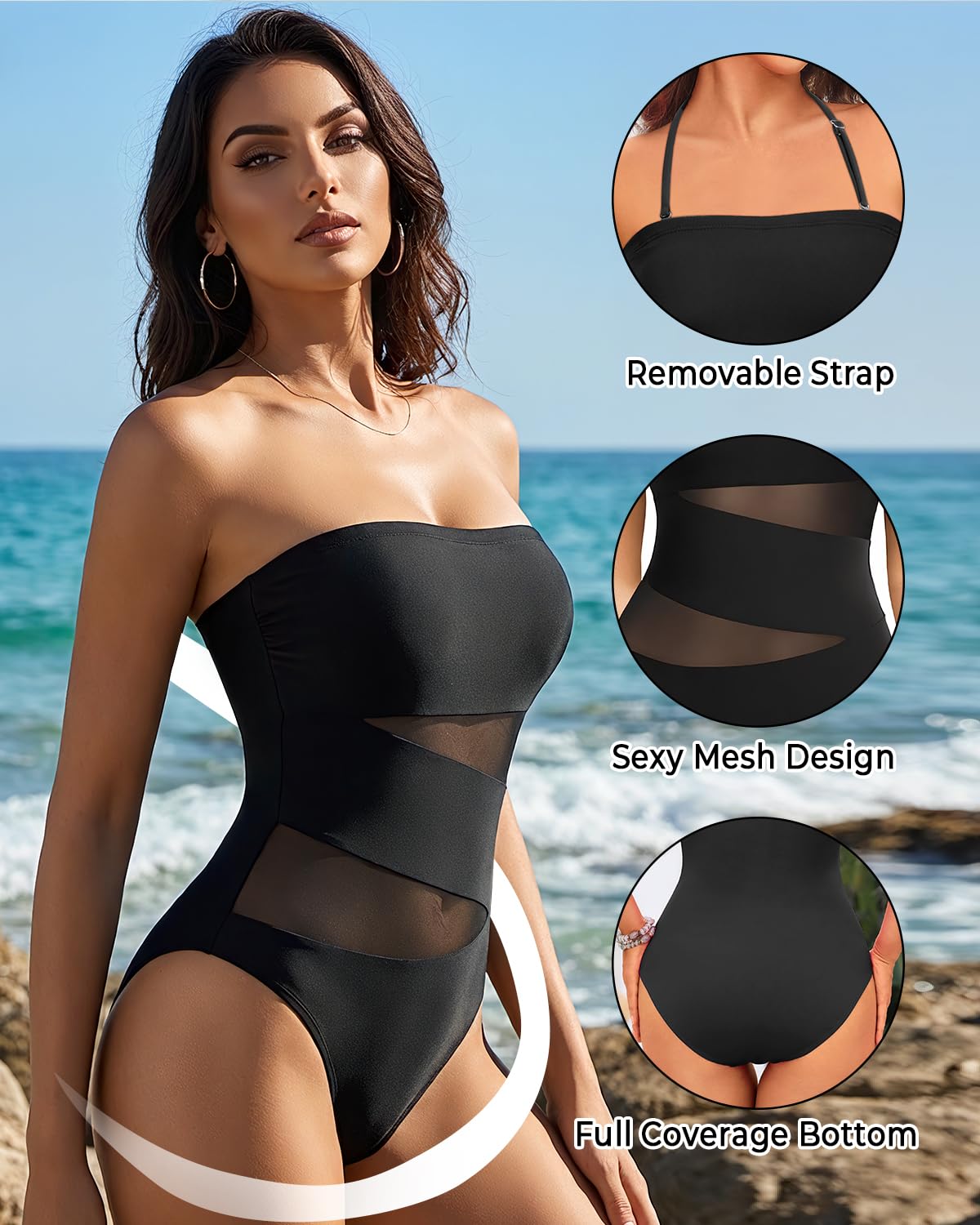 Holipick Women Black Strapless One Piece Swimsuit Tummy Control Bandeau Bathing Suit Mesh Cutout Swimwear M