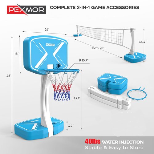 PEXMOR Pool Basketball Hoop for Swimming Pool,2-in-1 Basketball Hoop and Volleyball Net