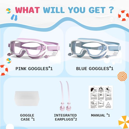 Zoomsnail Kids Swim Goggles 2 Pack, Anti-Fog Anti-UV Wide View Swimming Goggles for Kids 3-15