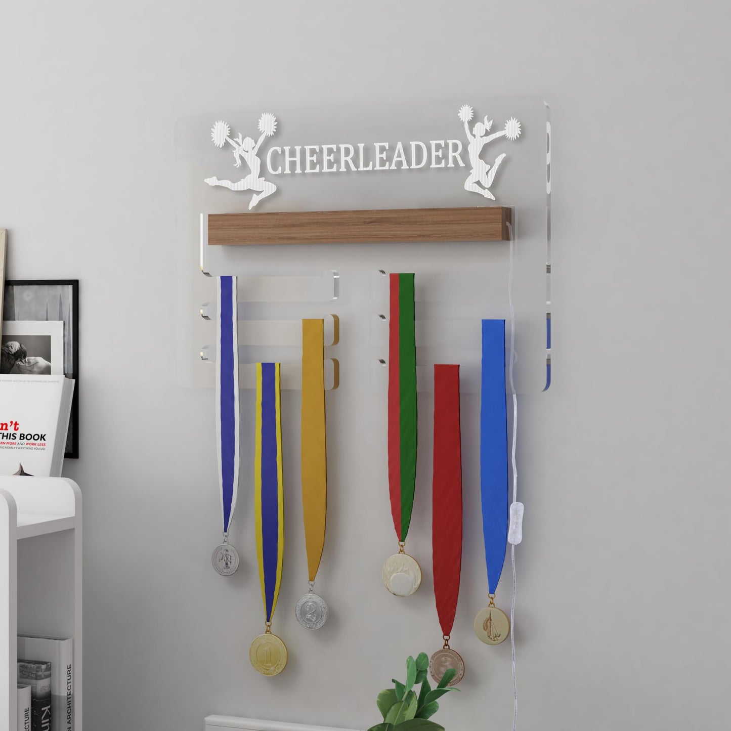 Ammonite Light up Cheerleader Medal Hanger Display, Holder Rack for Awards or Ribbons, Sports Themed Ribbon Holder for Wall, Tiered Award Rack