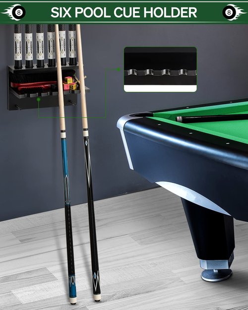 EXTCCT Wall Mount Pool Stick Holder - Billiards Pool Cue Rack Hardwood Pool Cue Set Holder for 6 Cues Sticks Storage Pool Table Accessories Equipment Organizer