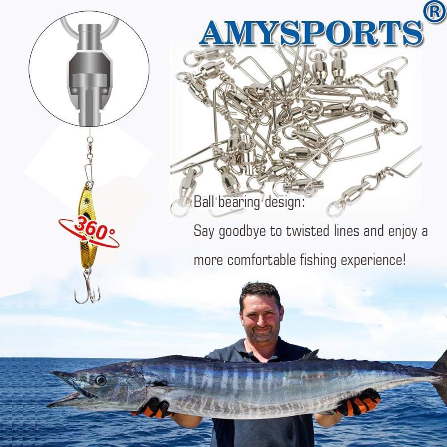 AMYSPORTS High Strength Ball Bearing Swivels - Saltwater & Freshwater Corrosion Resistance Barrel Swivels 25pcs, 18lbs