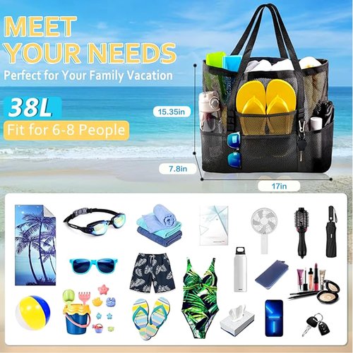 Large Mesh Beach Bag,Beach Tote Bag with Zippered Pockets - Family Pool, Toy & Vacation Essentials Peppermint green