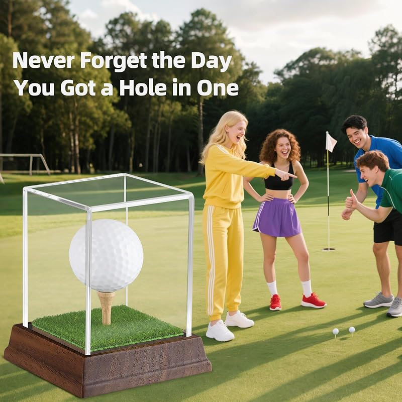Hole In One Golf Ball Display Case with Walnut Base and UV-Protected Acrylic Cube - 1 Ball