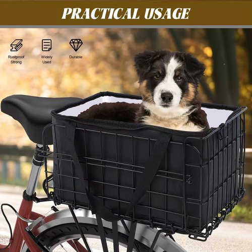 Foldable Rear Bike Basket for Bicycle/Electric Bike - Metal Cargo Basket with Rain Cover, Elastic Storage Net & Insulated Thermal Liner Bag - Perfect for Commuting, Groceries, Pets, Outdoor Travel