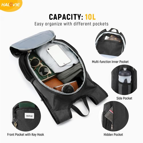 HALOVIE Small Hiking Backpack 10L Packable Lightweight Daypack Foldable Travel Back Pack for Women Men(Black)