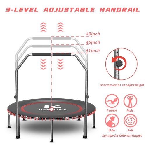 K KENSONE 48" Low-Impact Rebounder Trampoline for Adults with Bungee, 550LBS Quiet Mini Exercise Trampoline with Adjustable U-Shaped Foam Handle Bar, Fitness Equipment for Indoor/Gym Workout