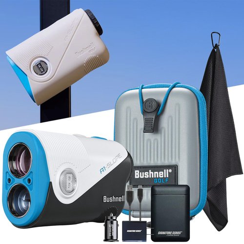 Bushnell Golf A1-Slope Ultra-Compact Laser Rangefinder | Slope Compensation, Magnetic Skin, PinSeeker, 6X Magnification, 1300 Yard Range, LCD Display, Signature Series Power Bundle