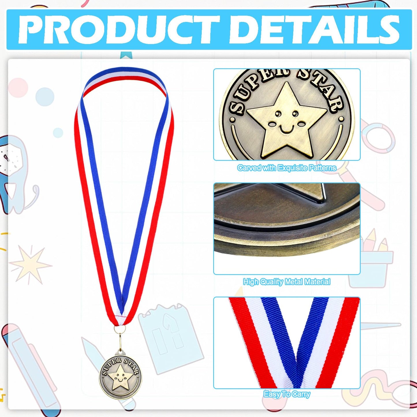 Remuuly 30 Pcs 30/60/100 Pcs Super Star Award Medals Hero Stuent Medals Bulk 2'' Gold Award Medallion with Neck Ribbon Metal Trophy Prize Gifts for Competition Party Favor Supplies (Super Star)