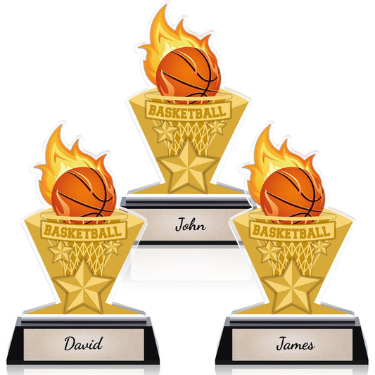 Gerrii Acrylic Trophies Awards with DIY Name Stickers Pack of 3 Champion Trophy Medals Team Reward Gift for Basketball Softball Baseball Competition Contest Tournament, 5.8/6.14/6.38inch(Basketball)