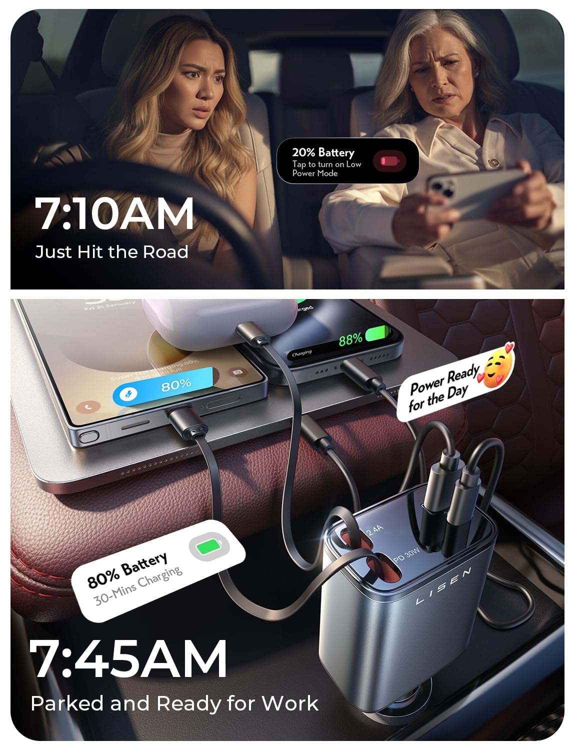LISEN Retractable Car Charger 4 in 1 for Cars, 69W Retractable USB C Car Charger with 31.5in Cable, Fast Charging for iPhone 17 16 15 14 13 12 Pro Max Plus, Compact Cars Accessories for Daily Driving