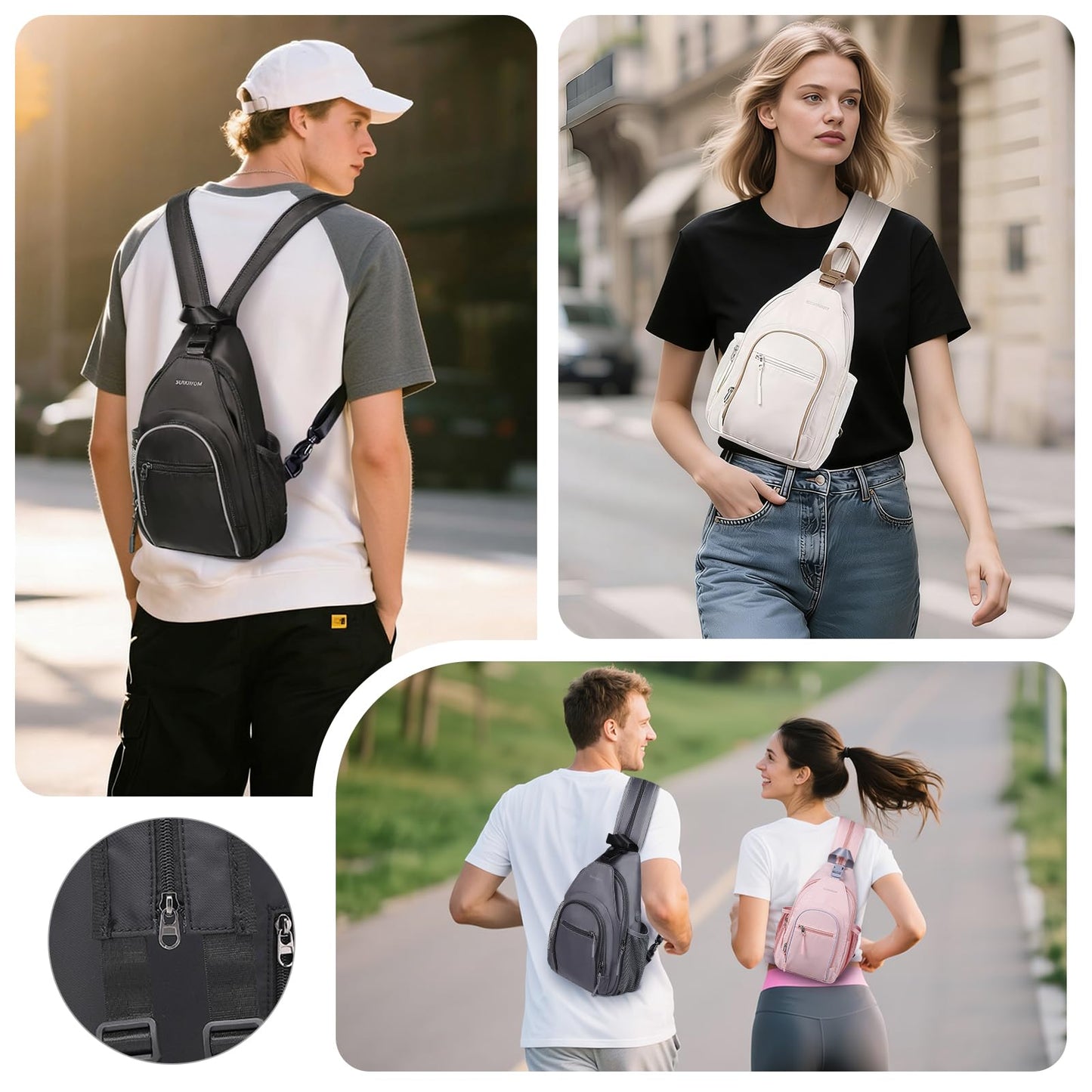 SUIKIHUM Crossbody Sling Bag with Water Bottle Holder, 8.3" Convertible Small Backpack Anti Theft Daypack, Chest Fanny Pack for Men Women, Black
