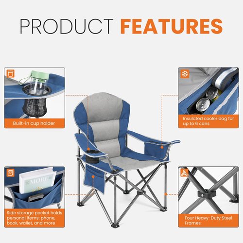 Sweetcrispy Camping Folding Chair, Heavy Duty Support - Foldable Padded Seat with Side Pockets, Cup Holder & Insulated Cooler Bag for Camping, Beach, Fishing, Outdoor Events, Bluegrey