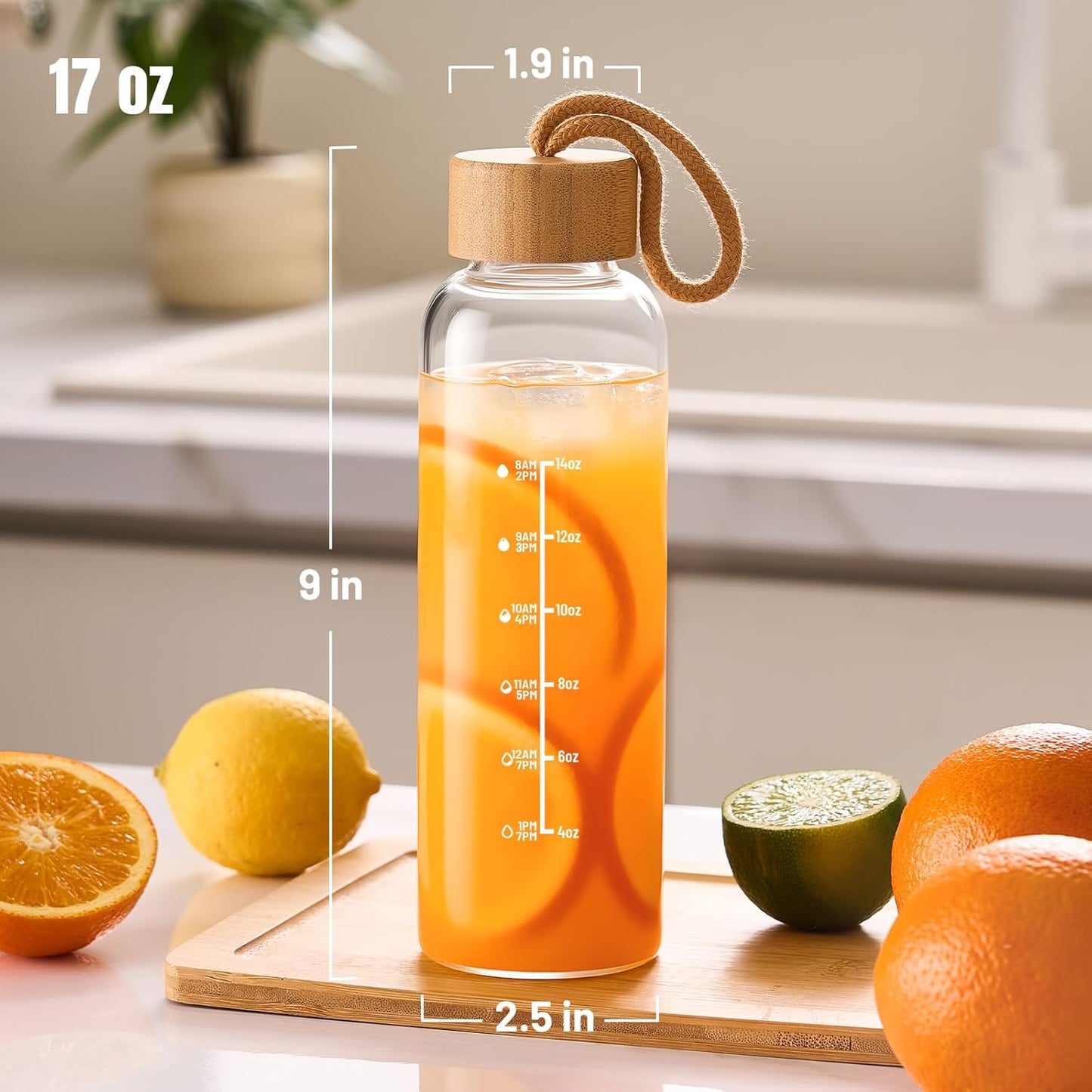 17oz Glass Water Bottles with Time Marker, Glass Bottles with Lid, BPA-Free Reusable Bottle for Gym, Office