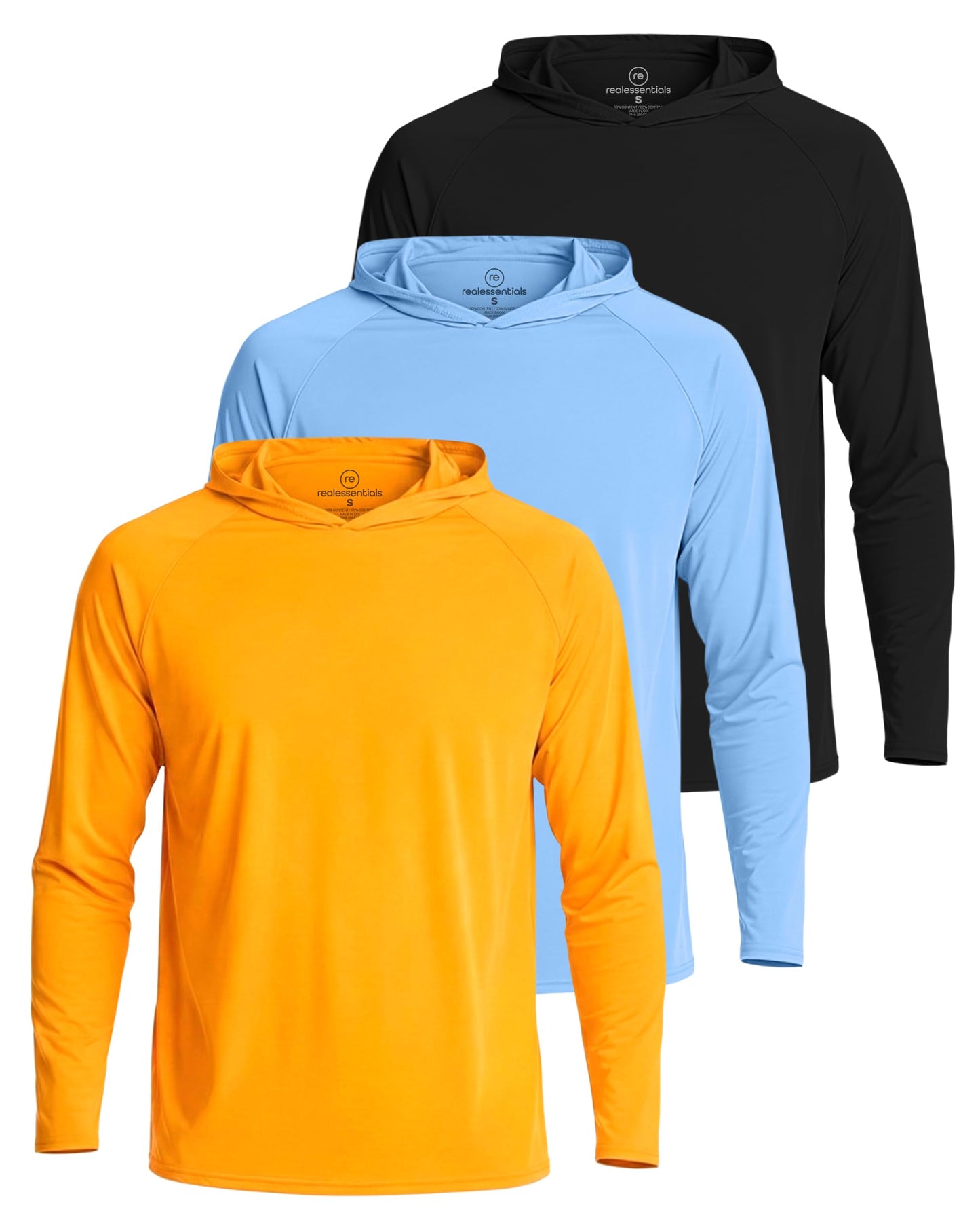 Real Essentials 3 Pack: Men's Long Sleeve Rash Guard Hoodie - SPF UV Sun Protection Workout Fishing Swim Shirts, Set 3, Large