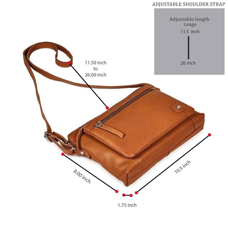 Cognac Leather Crossbody Bag for Women - Small Pebbled Genuine Leather, 5-Compartment Sling Purse with Adjustable Strap