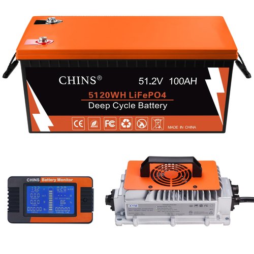 CHINS 48V Lithium Golf Cart Battery, 48 Volt 100Ah LiFePO4 Battery, Built-in Bluetooth 200A BMS, Includes 48V 18A Charger, Monitor, Perfect for Golf Carts
