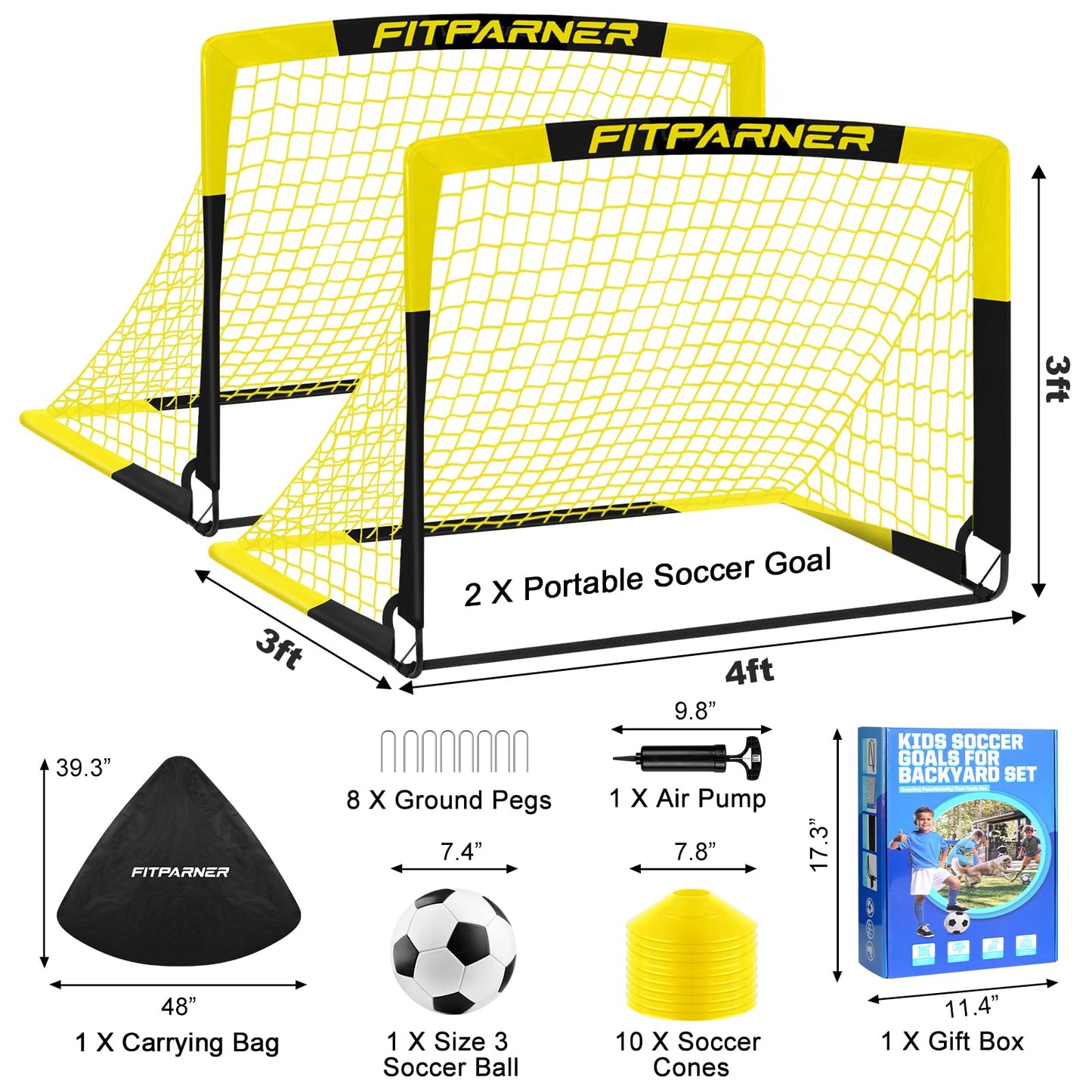 Kids Soccer Goals for Backyard Set - 2 Set of 4X3 ft Soccer Nets for Kids Age 3-14,Portable Pop Up Soccer Training Equipment Kit with Soccer Ball,Cones for Toddler Youth Outdoor Game