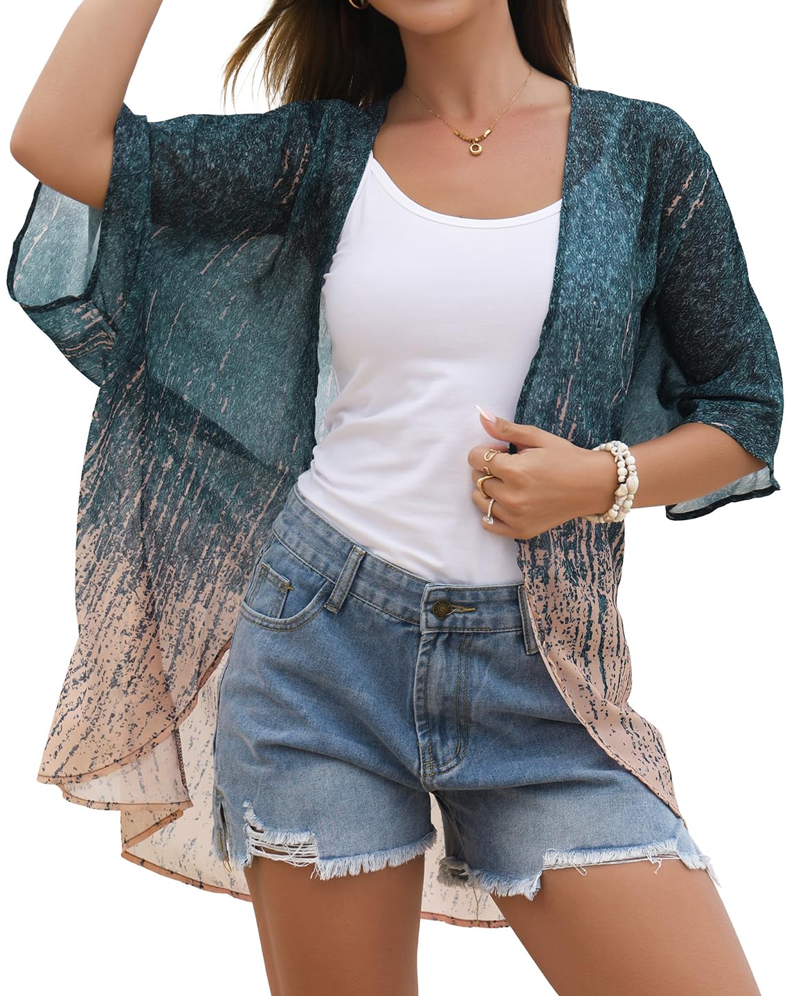 Women's Floral Kimono Print Puff Sleeve Loose Cardigan Cover Up Casual Blouse Tops (Grey Coral, 3XL)