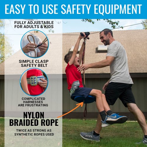 Zip Line Kit for Kids and Adults, 100/120 / 150/200 ft, Up to 350 Lbs, Rustproof Stainless Steel, Quick Setup with Ratchet, Safety Harness, Backyard Adventure Fun Includes Climbing Holds
