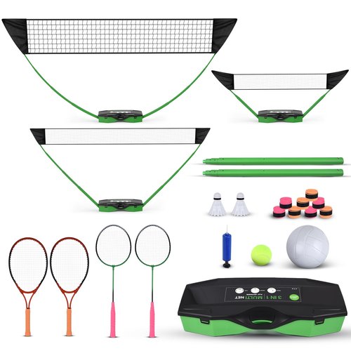 Portable Badminton Volleyball Tennis Net Set 3 in1 with1 Volleyball,2 Badminton Rackets,2 Tennis Rackets,1 Tennis Ball,8 Grip Tape,2 Shuttlecocks or Portable Storage Base,Backyard Beach Sports
