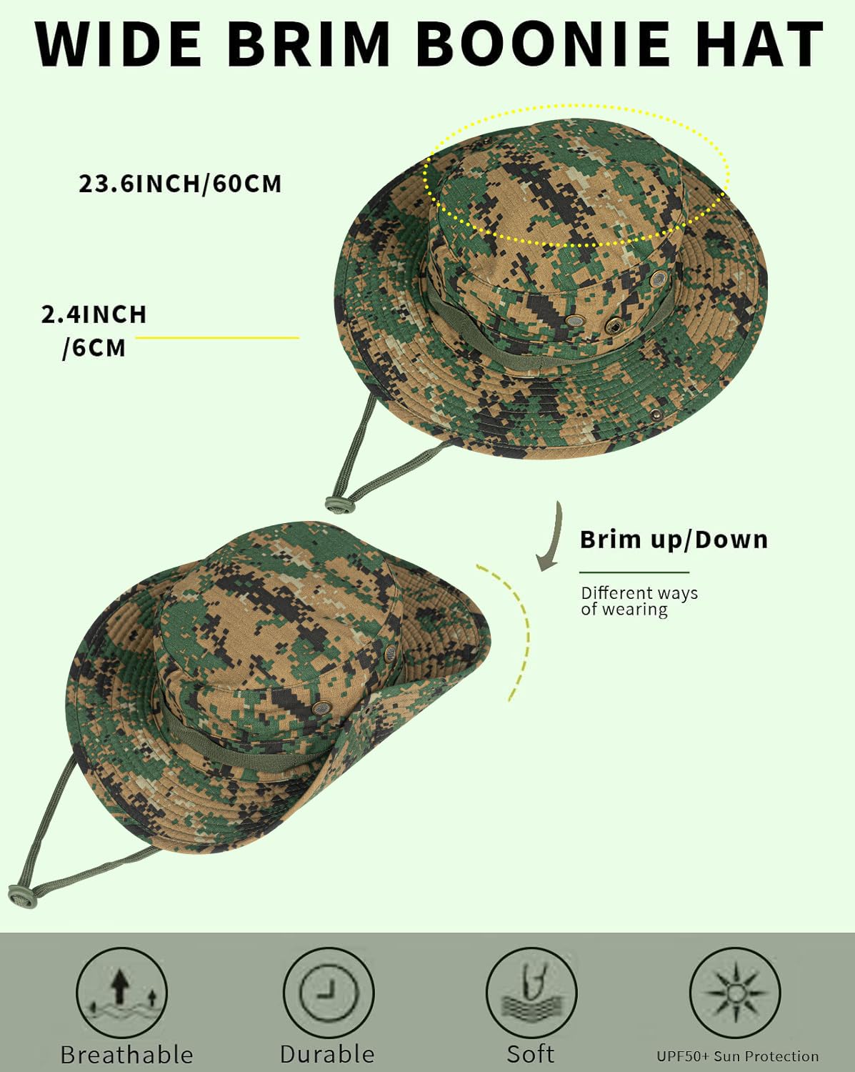 Sun Hats for Men Women Bucket Hat UPF 50+ Boonie Hat Foldable UV Protection Hiking Beach Fishing Summer Safari(1pack-Jungle Digitally)