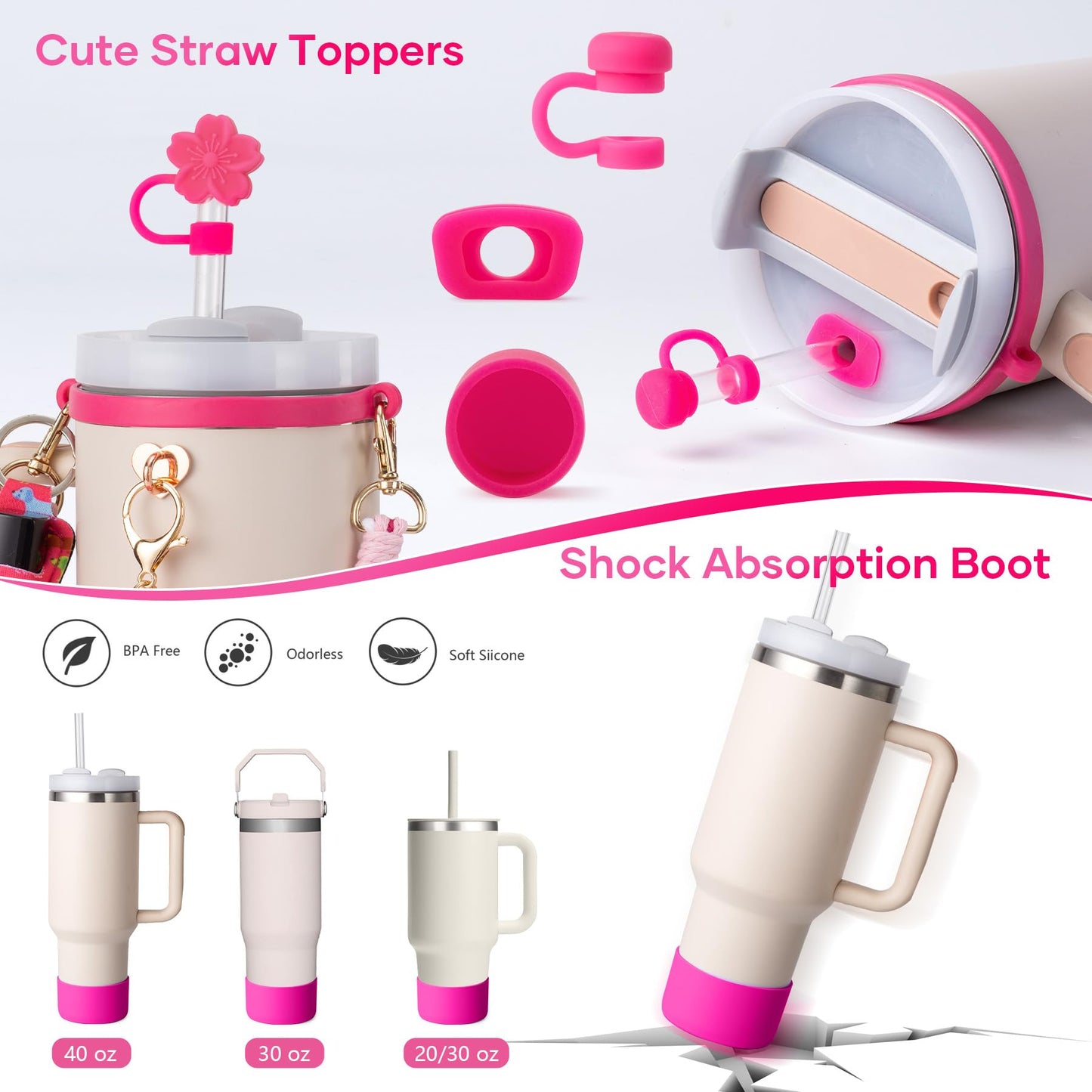 Bufilea Stanley Cup AccessoriesI Bottle Handle Carrier Strap,Silicone Cup Boot, Lipstick Holder, Straw Topper & Spill Stopper Cute Decorative Charms, Accessories for Stanley Cup 40oz/30oz Decor