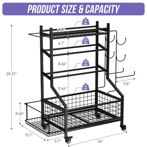 WUC Dumbbell Rack, Adjustable Weight Rack for Home Gym Storage for Dumbbells Kettlebells Yoga Mat & Balls, All in One Workout Equipment Storage Rack with Wheels, Powder Coated Steel, Black