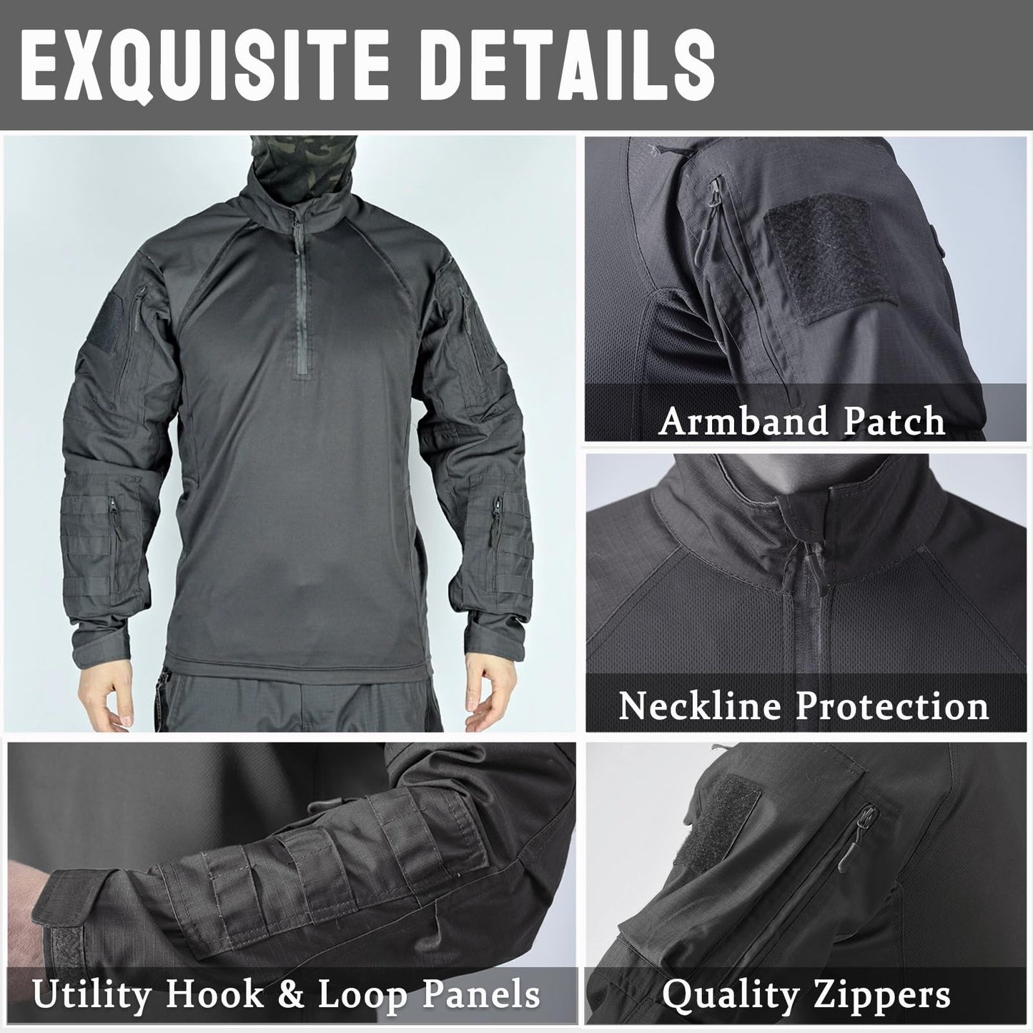Men's Tactical Shirts Military Combat Shirt，1/4 Zipper Long Sleeve with Elbow Pads Top for Outdoor Paintball Airsoft Grey L