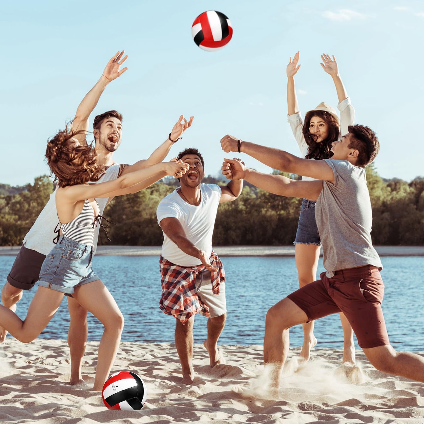 Wettarn 12 Pcs Official Size 5 Volleyballs Bulk Soft Recreational Volleyballs with Pump Regulation Size for Beginner Indoor Outdoor Beach Gym Pool Sand Sport (White,Red,Black)