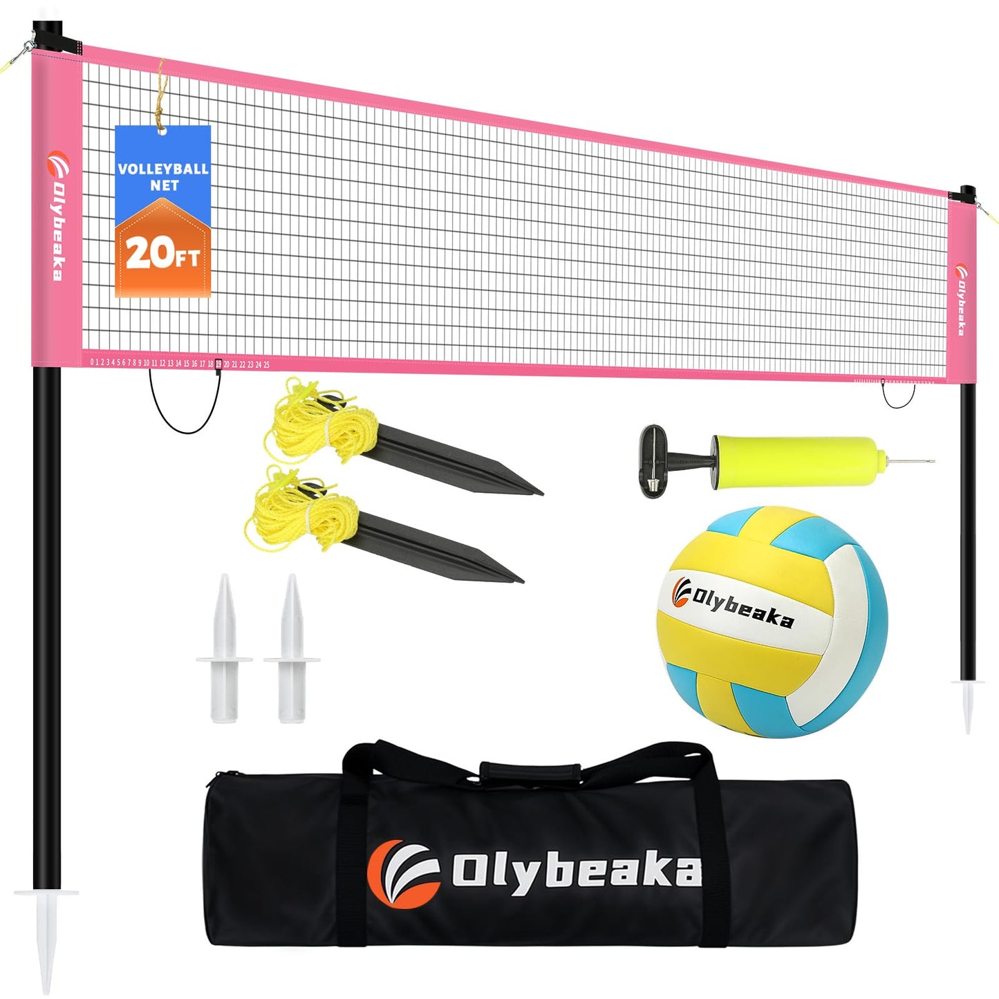 Portable Outdoor Volleyball Net Set for Backyard Beach with Adjustable Poles, Soft PU Volleyball & Pump, Carry Bag and Durable Anti-Sagging Net (Pink, 20ft)