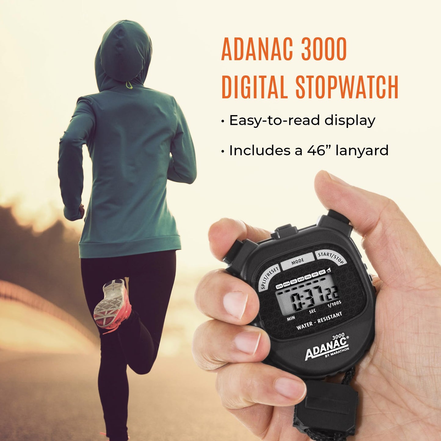 Marathon Adanac 3000 Digital Stopwatch Timer, Neon Green - High Precision Accuracy to 1/100th Seconds - Water, Dust & Shock Resistant - 46” Lanyard Included