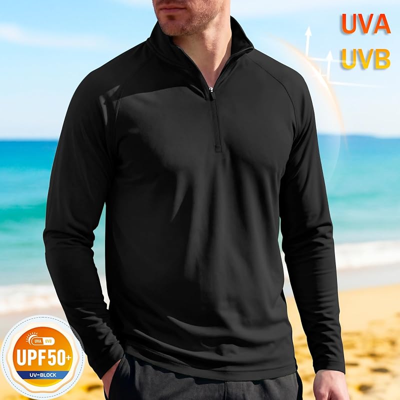 MAGCOMSEN Men's UPF 50+ Long Sleeve 1/4 Zip Rash Guard Shirt - Black, Small