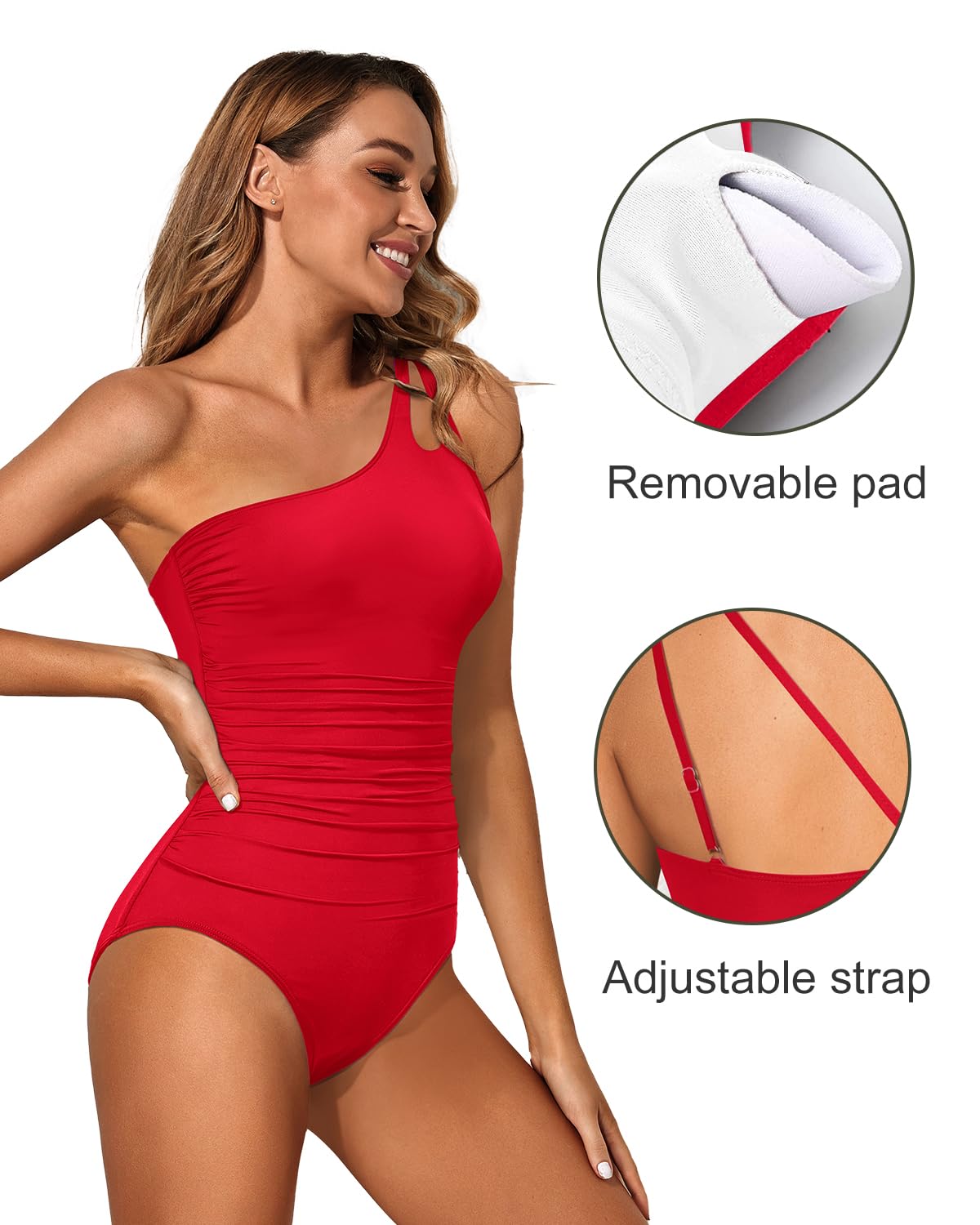 Holipick One Shoulder One Piece Swimsuit for Women Tummy Control Bathing Suits Modest Full Coverage Keyhole Swimwear Red