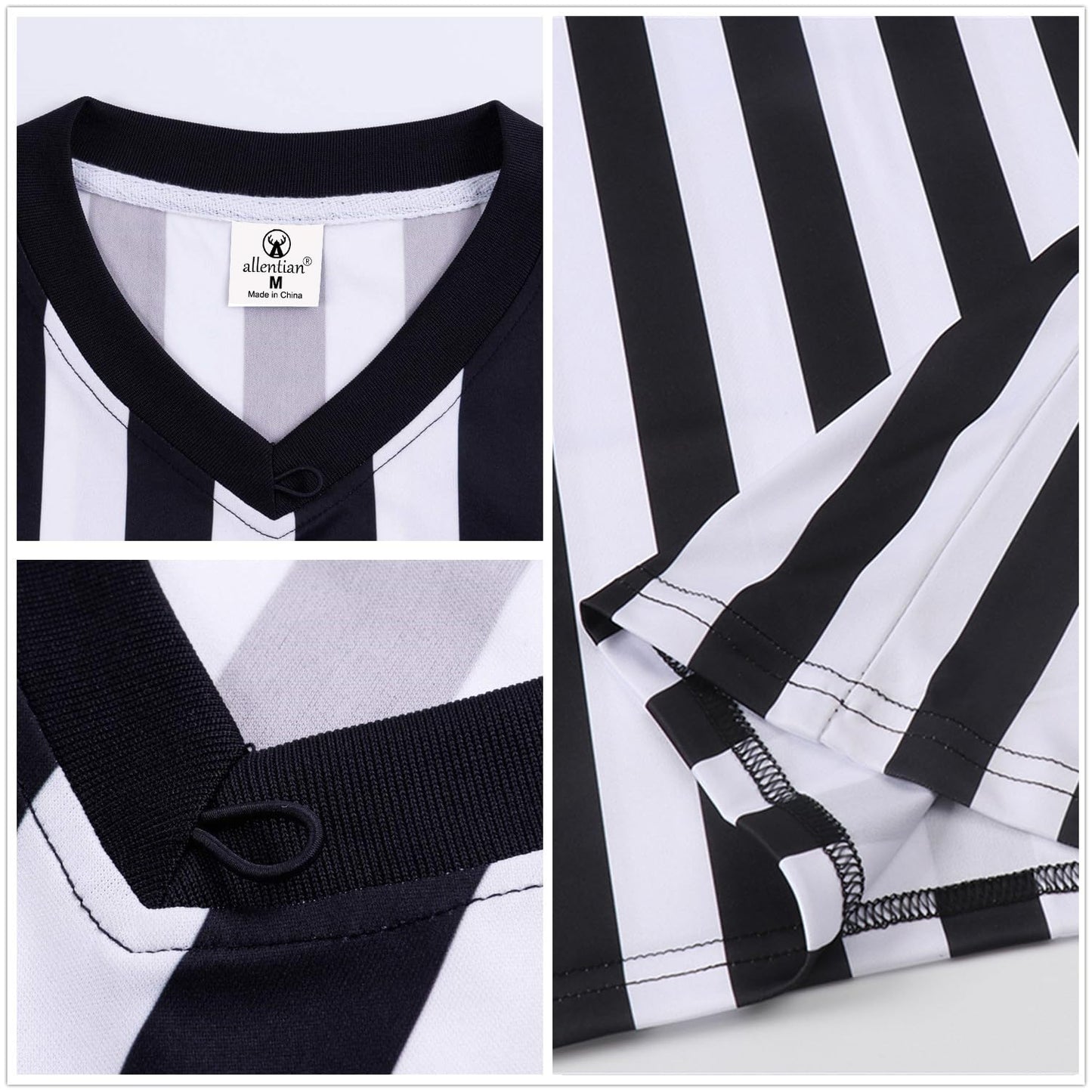 allentian Men's Referee Shirt - Official Black & White Stripe Referee/Umpire Jersey – Pro-Style V-Neck Referee Uniform, Basketball, Football, Soccer (L)