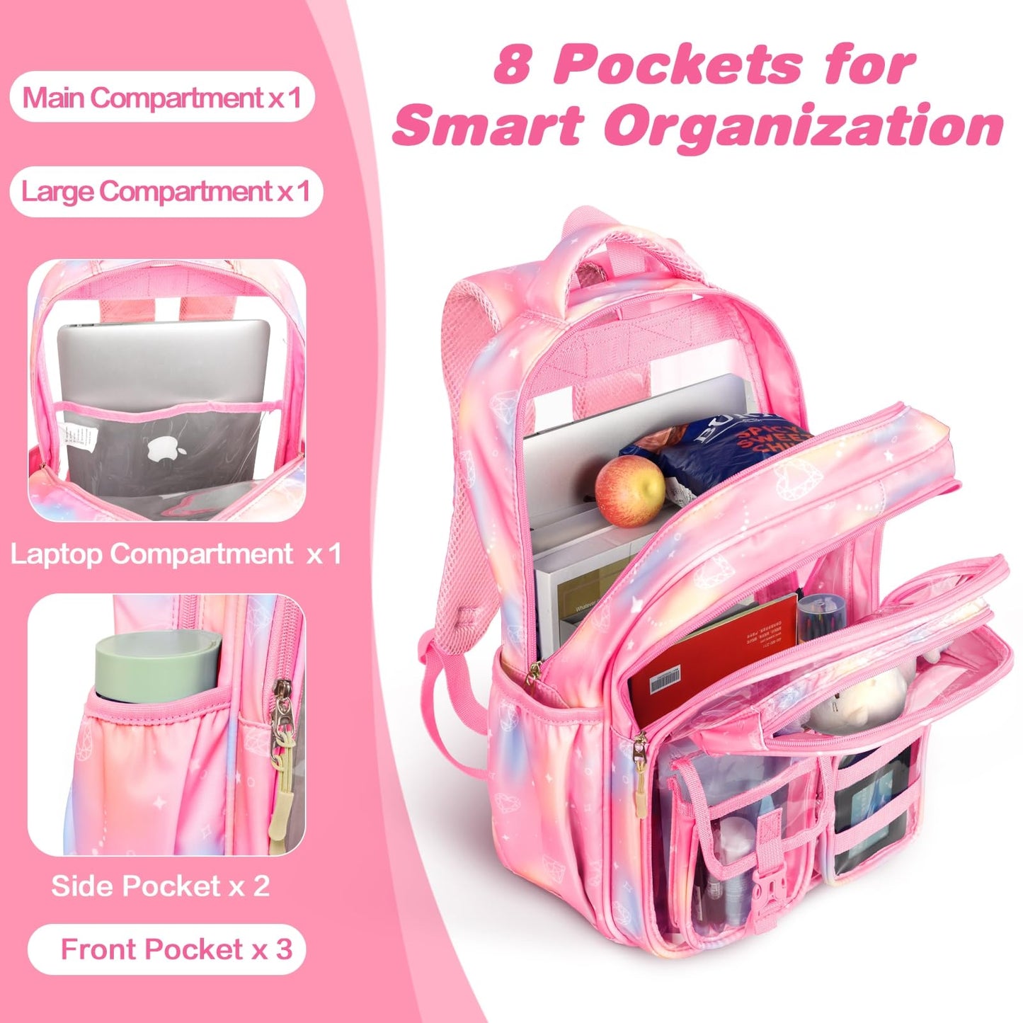 PAMANO Clear Backpack for Girls, Heavy Duty Transparent Bookbag for Kids, See Through Cute Backpacks for Elementary Primary School Work Sport Travel - Pink