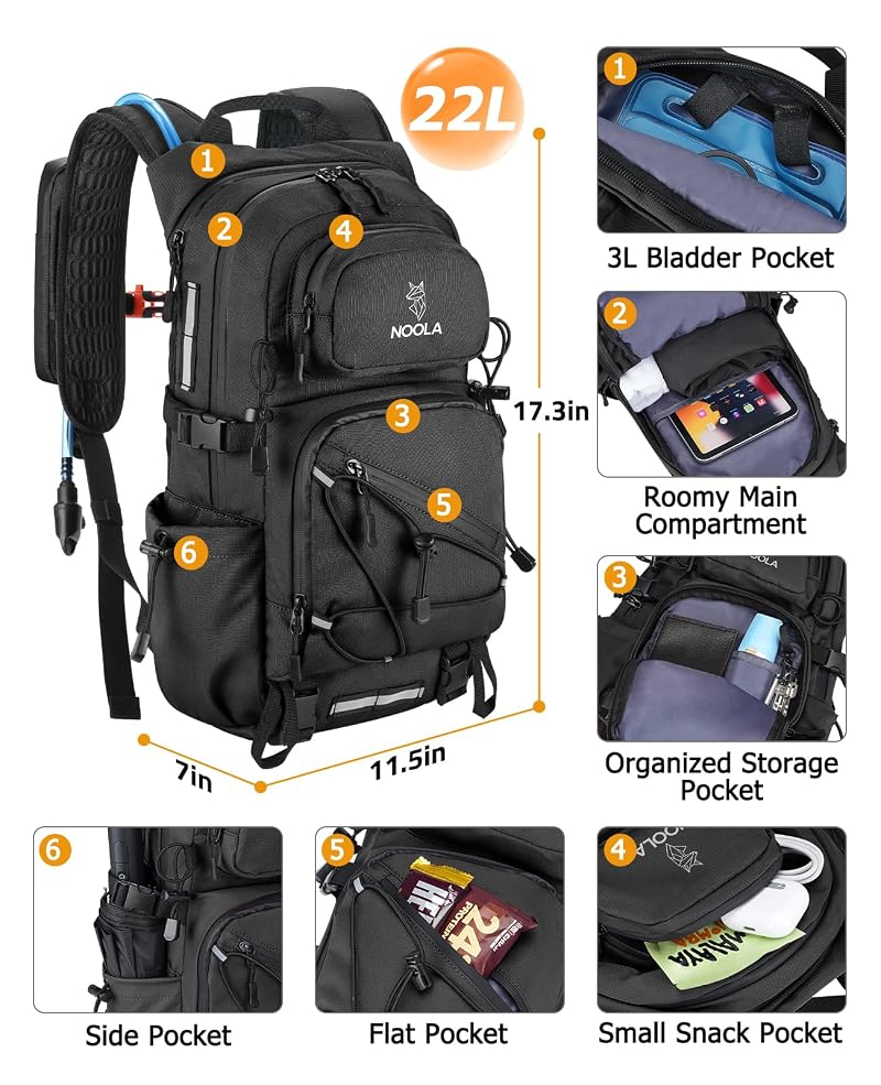 NOOLA 22L Hydration Backpack with 3L TPU Water Bladder - Black